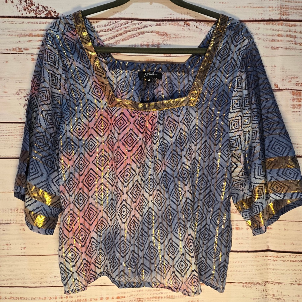 Geometric BOHO Metallic‎ Shimmering Women's Blouse XS Square Neck 3/4 Sleeve